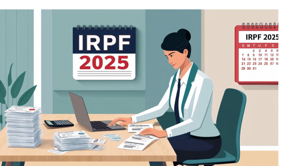 Como Declarar Despesas Médicas no Imposto de Renda 2025 1 Mulher vestida profissionalmente, sentada em um escritório, analisando documentos sobre a mesa. Ao fundo, um calendário com o título IRPF 2025. A imagem representa o processo de organização para a declaração de Imposto de Renda.