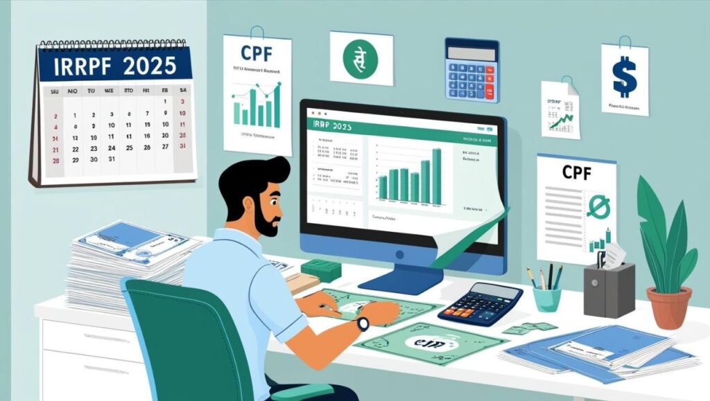 Como Reduzir o Imposto de Renda com Deduções Legais: Dependentes, Educação e Saúde 1 Ilustração de um contador organizando documentos e declarando o IRPF 2025 em seu computador, com gráficos de despesas, calendário e formulários de CPF ao fundo, simbolizando o planejamento tributário e uso de deduções legais no Imposto de Renda.