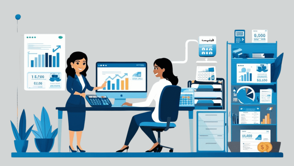 Imposto de Renda 2025: Guia Completo para Declarar o IRPF com Segurança 1 Duas mulheres em um escritório contábil. Uma está sentada diante de um computador com gráficos financeiros sobre o irpf 2025, enquanto a outra está de pé apontando para a tela. Ao lado, há uma estante com relatórios, gráficos de pizza, tabelas financeiras, livros, moedas e calculadoras. O ambiente é moderno, limpo e organizado, transmitindo profissionalismo e foco na análise de dados contábeis.