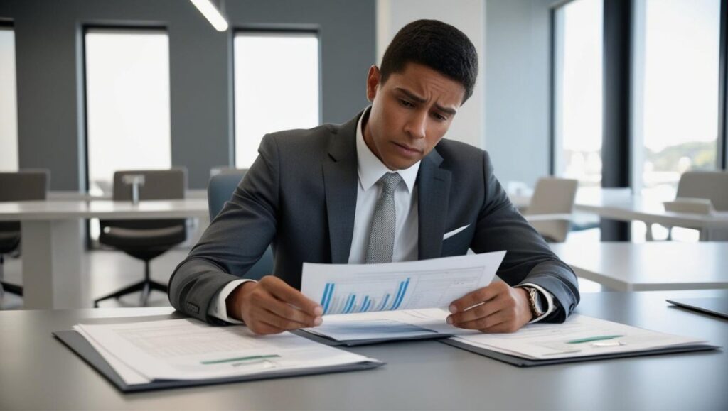 Malha Fina no Imposto de Renda: O Que É, Por Que Acontece e Como Evitar 2 Profissional analisando gráficos e documentos financeiros no escritório, preocupado com possíveis erros na declaração que podem gerar malha fina.