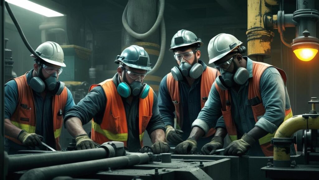 NR-15: Insalubridade e Condições de Trabalho 1 Trabalhadores utilizando EPIs completos em ambiente industrial insalubre, aplicando a NR-15 para controle de agentes químicos e físicos.