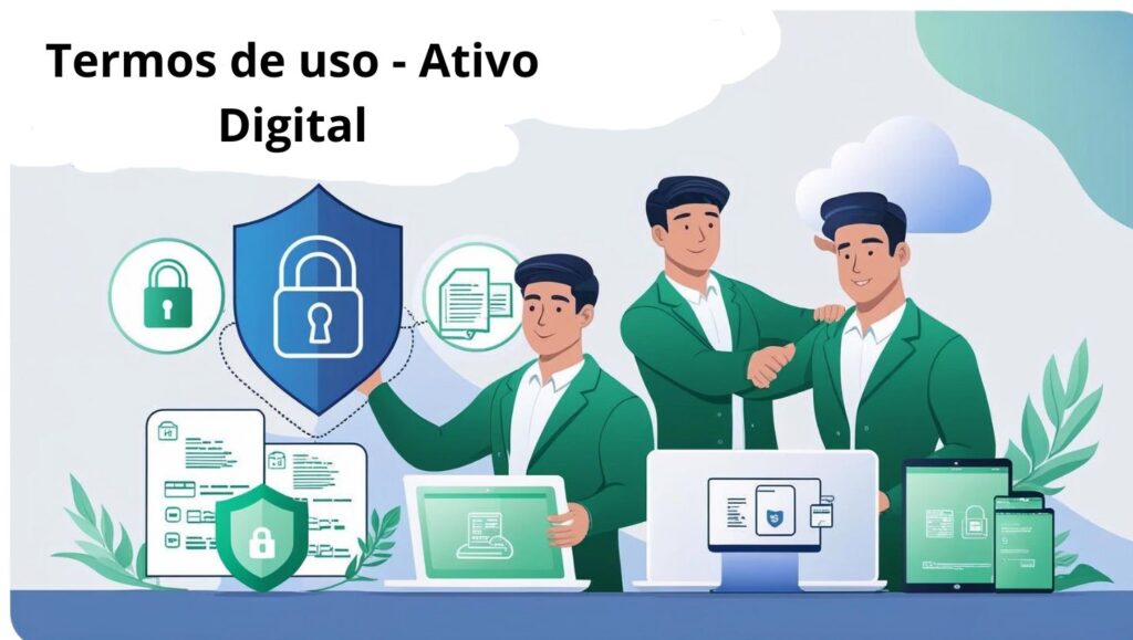 Termos de Uso 1 Ilustração de três profissionais em trajes formais ao lado de dispositivos eletrônicos e ícones de segurança digital, representando os termos de uso e compromisso com a proteção de dados no site Ativo Digital