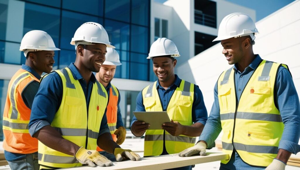 NR-01: Disposições Gerais e Gerenciamento de Riscos Ocupacionais (GRO) para Pequenos Empresários 1 Trabalhadores em obra utilizando EPIs, analisando documentos e cumprindo as diretrizes da NR-01 para segurança no trabalho.